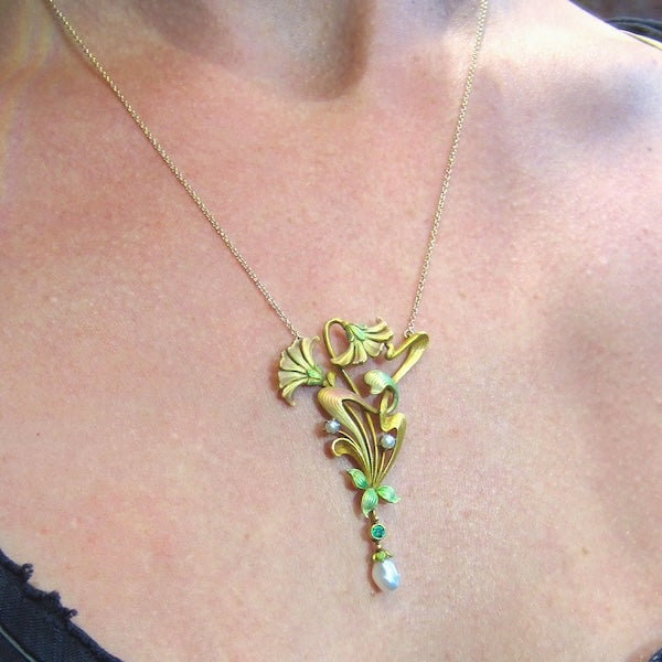 Art Nouveau Emerald, Pearl, and Enamel Flower Necklace, from Doyle & Doyle vintage and antique jewelry