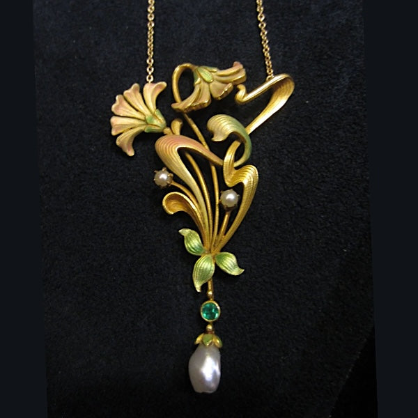 Art Nouveau Emerald, Pearl, and Enamel Flower Necklace, from Doyle & Doyle vintage and antique jewelry