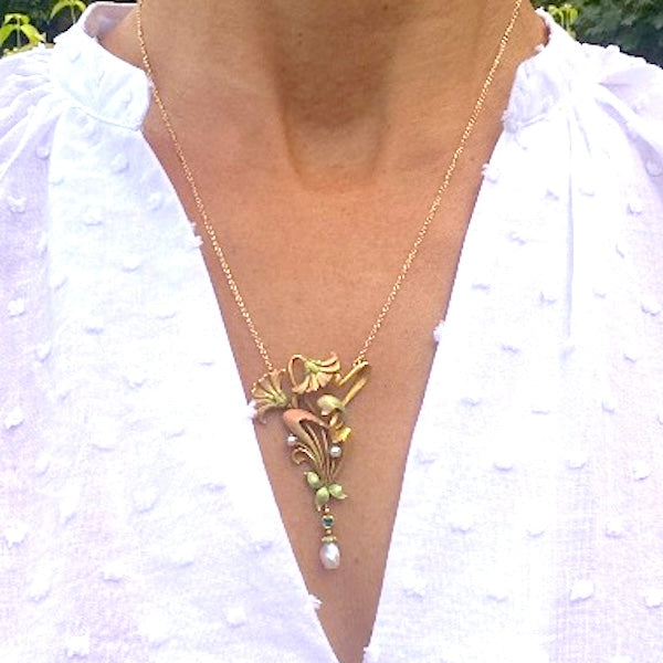 Art Nouveau Emerald, Pearl, and Enamel Flower Necklace, from Doyle & Doyle vintage and antique jewelry