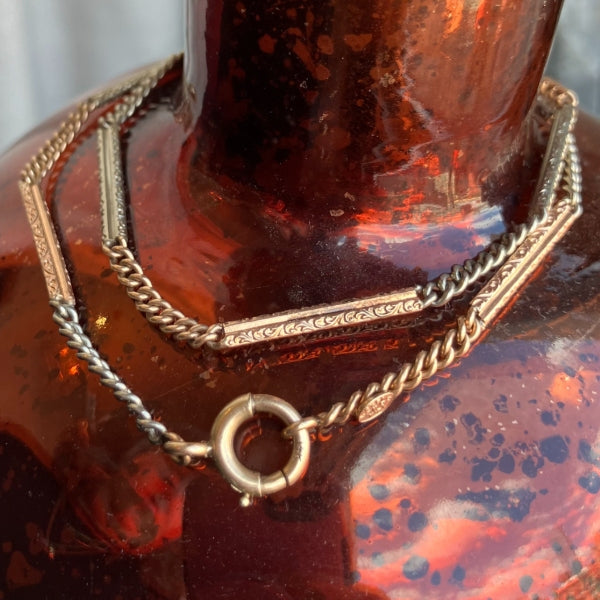 Art Deco Two Toned Engraved Bar Link Chain, from Doyle & Doyle antique and vintage jewelry boutique