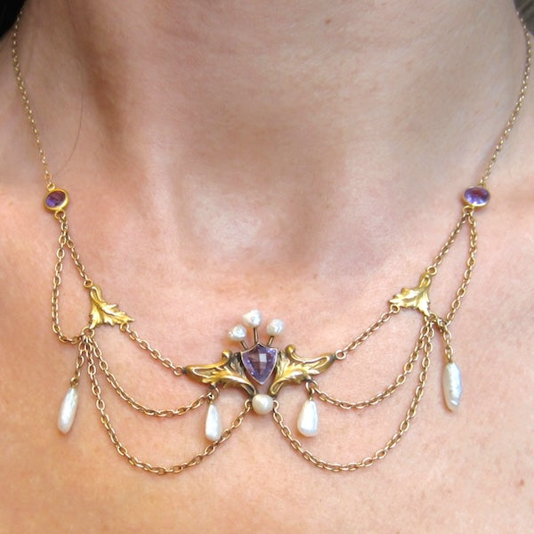 Antique Art Nouveau Amethyst & Pearl Festoon Necklace, from Doyle & Doyle antique and vintage jewelry