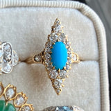 Antique Turquoise & Diamond Navette Ring