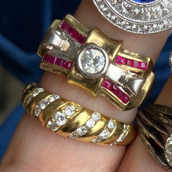 Vintage Retro diamond ring and vintage striped diamond band, from Doyle & Doyle vintage and antique jewelry boutique