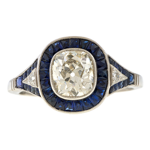 Art Deco Style Diamond and Sapphire Engagement Ring, set with an Old Mine cut diamond and calibre cut sapphires. From Doyle & Doyle antique and vintage jewelry boutique 