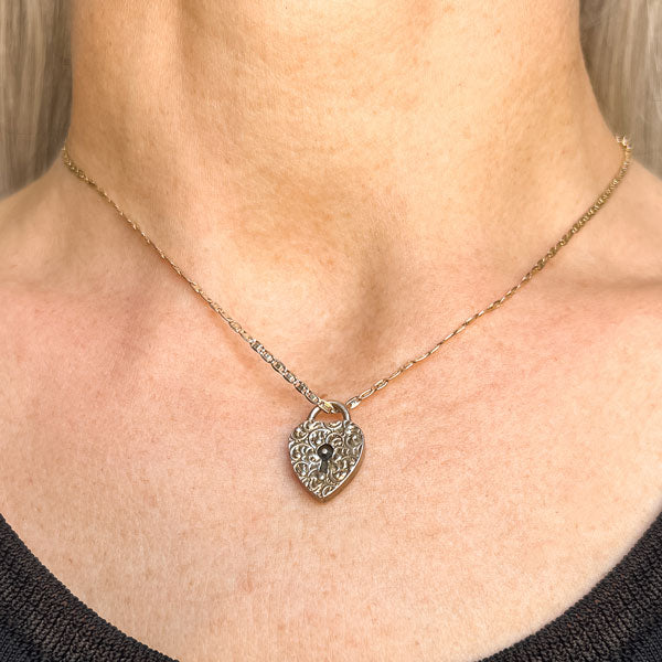 Antique Engraved Heart Lock Charm, sold by Doyle & Doyle an antique and vintage jewelry boutique