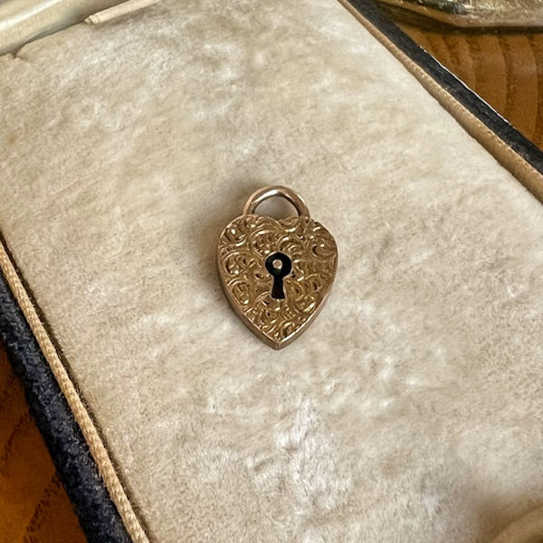 Antique Engraved Heart Lock Charm, sold by Doyle & Doyle an antique and vintage jewelry boutique