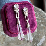 Art Deco Rock Crystal and Diamond Drop Earrings in Platinum, sold by Doyle & Doyle vintage and antique jewelry boutique.