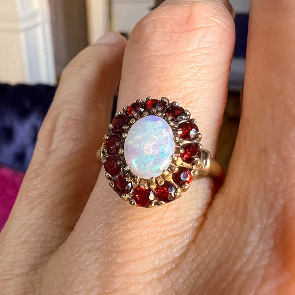 Vintage Opal & Garnet Ring sold by Doyle and Doyle an antique and vintage jewelry boutique