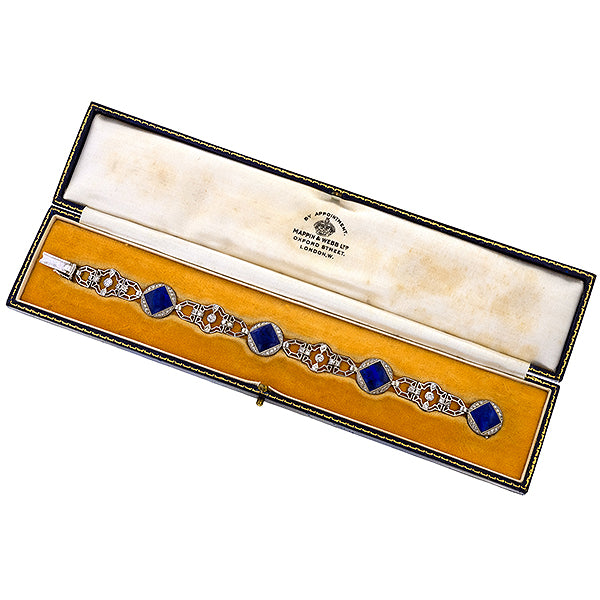 Art Deco Lapis & Diamond Bracelet in its original box, Doyle & Doyle antique and vintage jewelry boutique