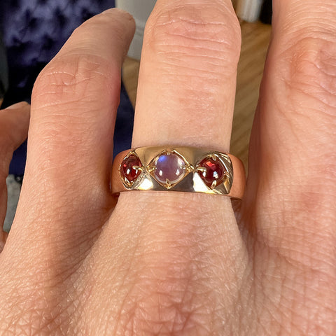 Vintage Moonstone & Garnet Ring sold by Doyle and Doyle an antique and vintage jewelry boutique