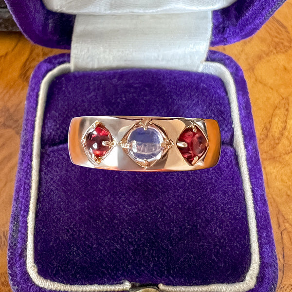 Vintage Moonstone & Garnet Ring sold by Doyle and Doyle an antique and vintage jewelry boutique