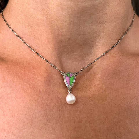 Vintage Enamel & Pearl Drop Necklace sold by Doyle and Doyle an antique and vintage jewelry boutique