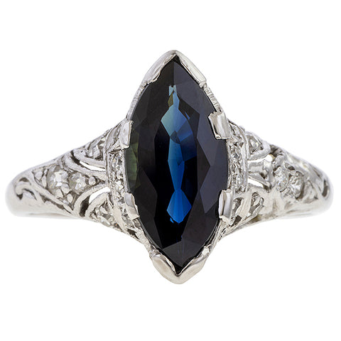 Vintage Marquise Sapphire and Diamond Filigree Ring, from Doyle & Doyle antique and vintage jewelry boutique
