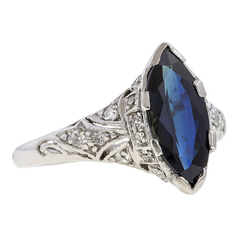 Vintage Marquise Sapphire and Diamond Filigree Ring, from Doyle & Doyle antique and vintage jewelry boutique