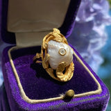 Art Nouveau Baroque Pearl & Diamond Ring in gold, sold by Doyle & Doyle antique and vintage jewelry boutique.