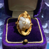 Art Nouveau Baroque Pearl & Diamond Ring in gold, sold by Doyle & Doyle antique and vintage jewelry boutique.
