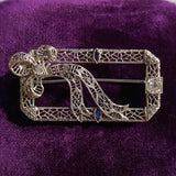 Vintage Diamond & Sapphire Filigree Pin, sold by Doyle & Doyle antique and vintage jewelry boutique