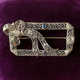Vintage Diamond & Sapphire Filigree Pin, sold by Doyle & Doyle antique and vintage jewelry boutique