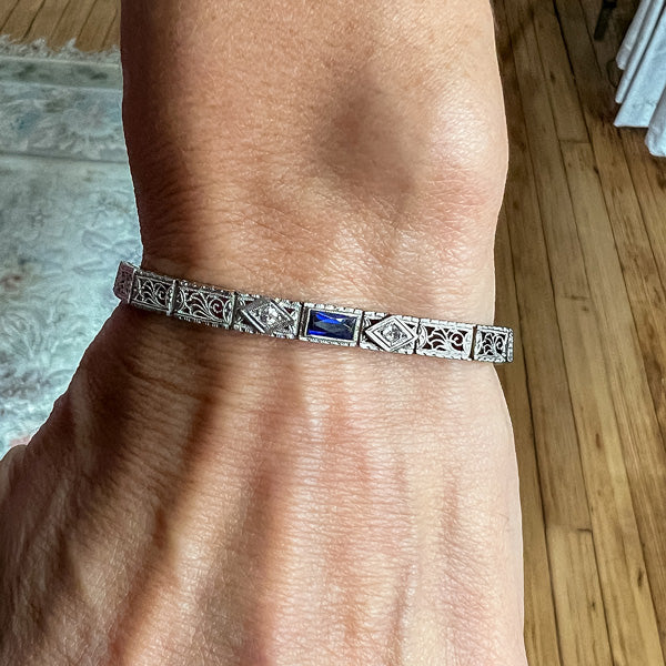 Art Deco Filigree Sapphire & Diamond Bracelet sold by Doyle and Doyle an antique and vintage jewelry boutique