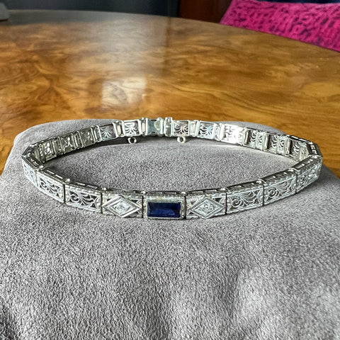 Art Deco Filigree Sapphire & Diamond Bracelet sold by Doyle and Doyle an antique and vintage jewelry boutique
