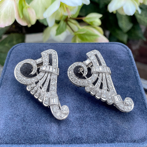 Pair of Art Deco Diamond Clip Brooches, from Doyle & Doyle antique and vintage jewelry boutique