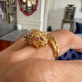 Vintage Lion Ruby & Diamond Bypass Ring sold by Doyle and Doyle an antique and vintage jewelry boutique