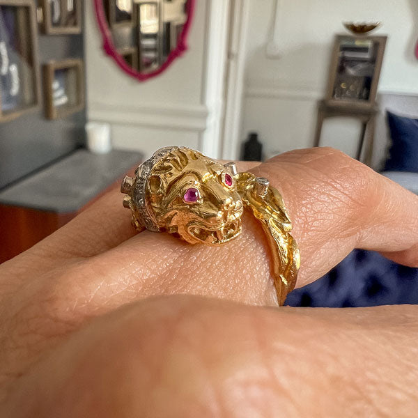 Vintage Lion Ruby & Diamond Bypass Ring sold by Doyle and Doyle an antique and vintage jewelry boutique