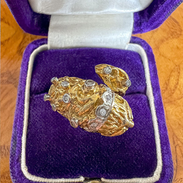 Vintage Lion Ruby & Diamond Bypass Ring sold by Doyle and Doyle an antique and vintage jewelry boutique