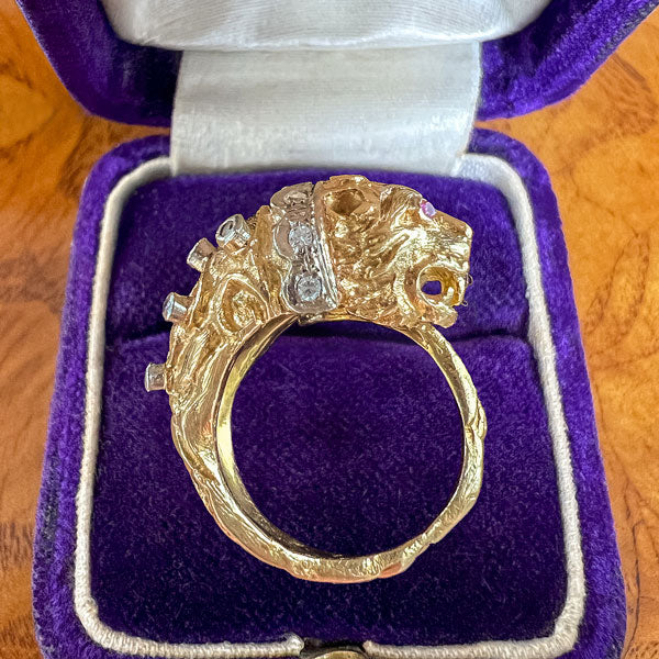Vintage Lion Ruby & Diamond Bypass Ring sold by Doyle and Doyle an antique and vintage jewelry boutique