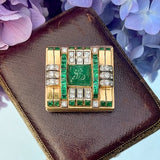 Vintage Retro Carved Emerald & Diamond Pin, sold by Doyle & Doyle antique and vintage jewelry boutique