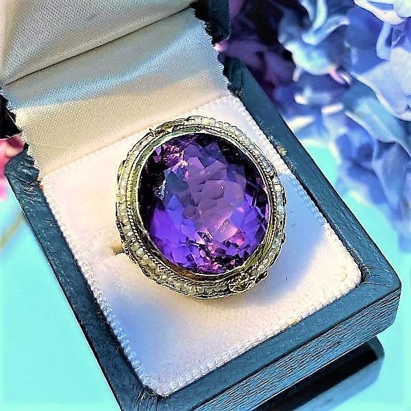 Vintage Amethyst & Pearl Filigree Ring from Doyle & Doyle antique and vintage jewelry boutique