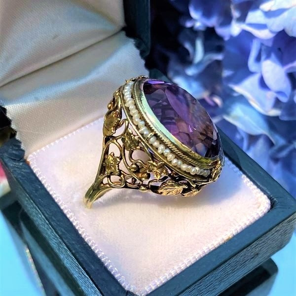 Vintage Amethyst & Pearl Filigree Ring from Doyle & Doyle antique and vintage jewelry boutique