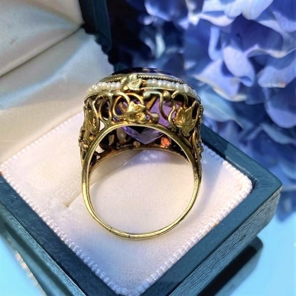 Vintage Amethyst & Pearl Filigree Ring from Doyle & Doyle antique and vintage jewelry boutique