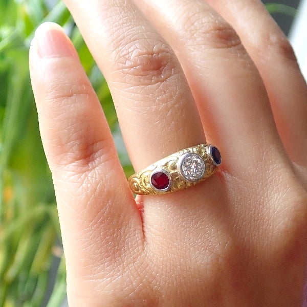 Victorian Diamond, Ruby, & Sapphire Gold Ring, sold by Doyle & Doyle antique and vintage jewelry boutique
