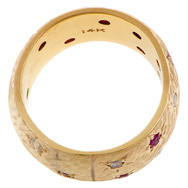 Vintage Ruby & Diamond Engraved Star Wide Gold Band Ring, from Doyle & Doyle antique and vintage jewelry boutique