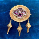 Victorian Garnet & Pearl Pin with drops, sold by Doyle & Doyle antique and vintage jewelry boutique