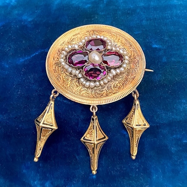 Victorian Garnet & Pearl Pin with drops, sold by Doyle & Doyle antique and vintage jewelry boutique