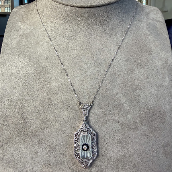 Filigree Diamond, Onyx & Rock Crystal Pendant, sold by Doyle and Doyle an antique and vintage jewelry boutique