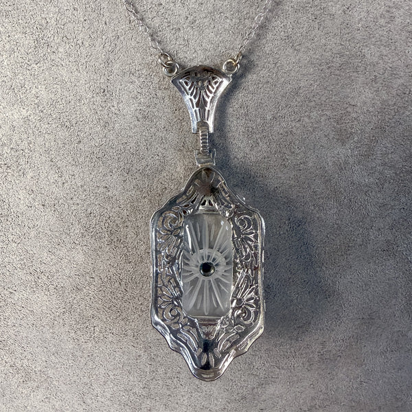 Filigree Diamond, Onyx & Rock Crystal Pendant, sold by Doyle and Doyle an antique and vintage jewelry boutique
