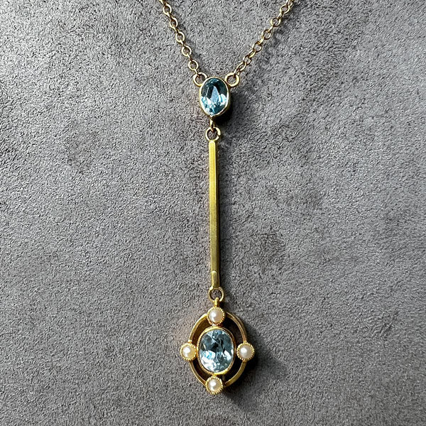 Vintage Aquamarine and Pearl Lavalier Pendant Necklace, from Doyle & Doyle antique and vintage jewelry boutique