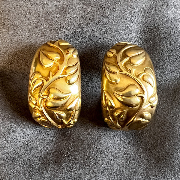 Vintage Vine Motif Gold Hoop Earrings sold by Doyle and Doyle an antique and vintage jewelry boutique