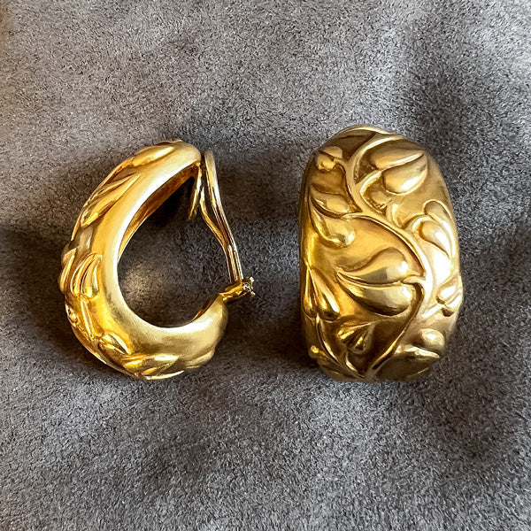 Vintage Vine Motif Gold Hoop Earrings sold by Doyle and Doyle an antique and vintage jewelry boutique