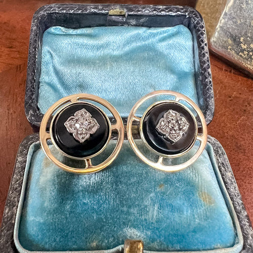 Vintage Diamond and Onyx Earrings sold by Doyle and Doyle an antique and vintage jewelry boutique
