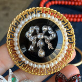 Vintage Onyx, Rose Cut Diamond, & Pearl Pin, sold by Doyle & Doyle antique and vintage jewelry boutique