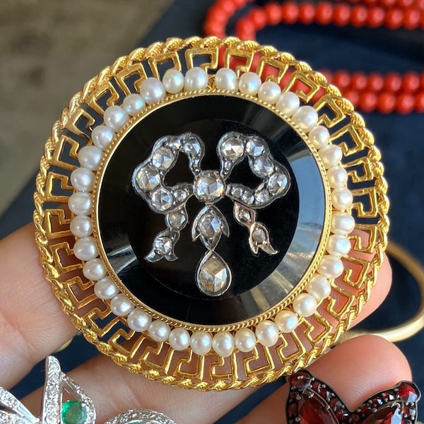 Vintage Onyx, Rose Cut Diamond, & Pearl Pin, sold by Doyle & Doyle antique and vintage jewelry boutique