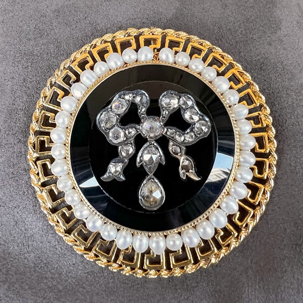 Vintage Onyx, Rose Cut Diamond, & Pearl Pin, sold by Doyle & Doyle antique and vintage jewelry boutique