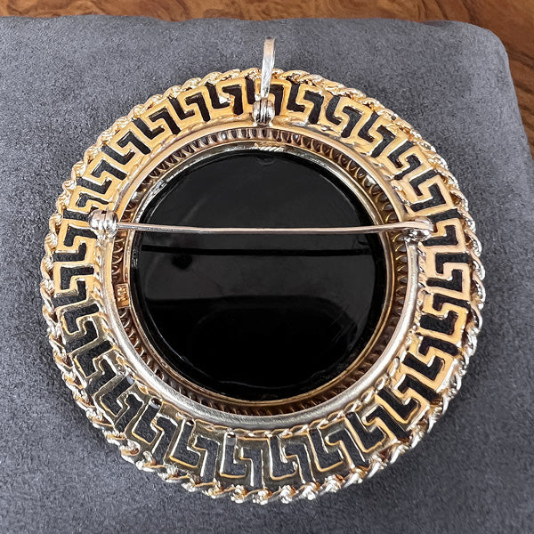 Vintage Onyx, Rose Cut Diamond, & Pearl Pin, sold by Doyle & Doyle antique and vintage jewelry boutique