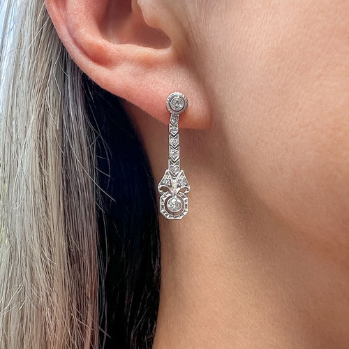 Art Deco Diamond Drop Earrings sold by Doyle and Doyle an antique and vintage jewelry boutique