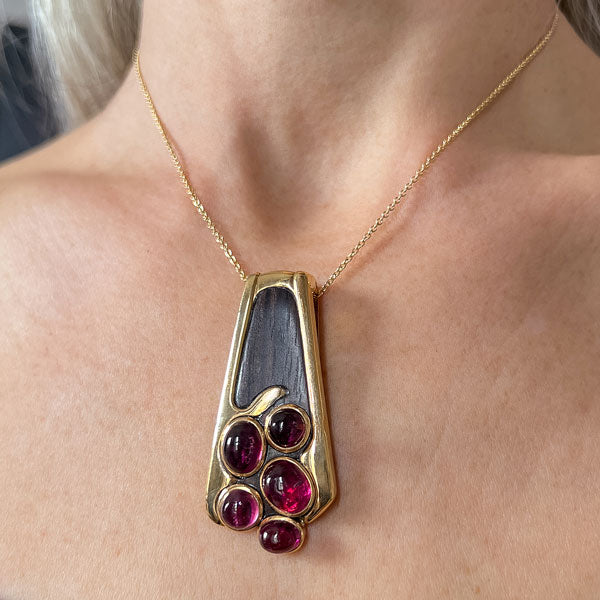 Vintage Tourmaline & Wood Clip Pin sold by Doyle and Doyle an antique and vintage jewelry boutique
