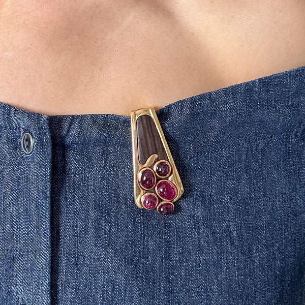 Vintage Tourmaline & Wood Clip Pin sold by Doyle and Doyle an antique and vintage jewelry boutique